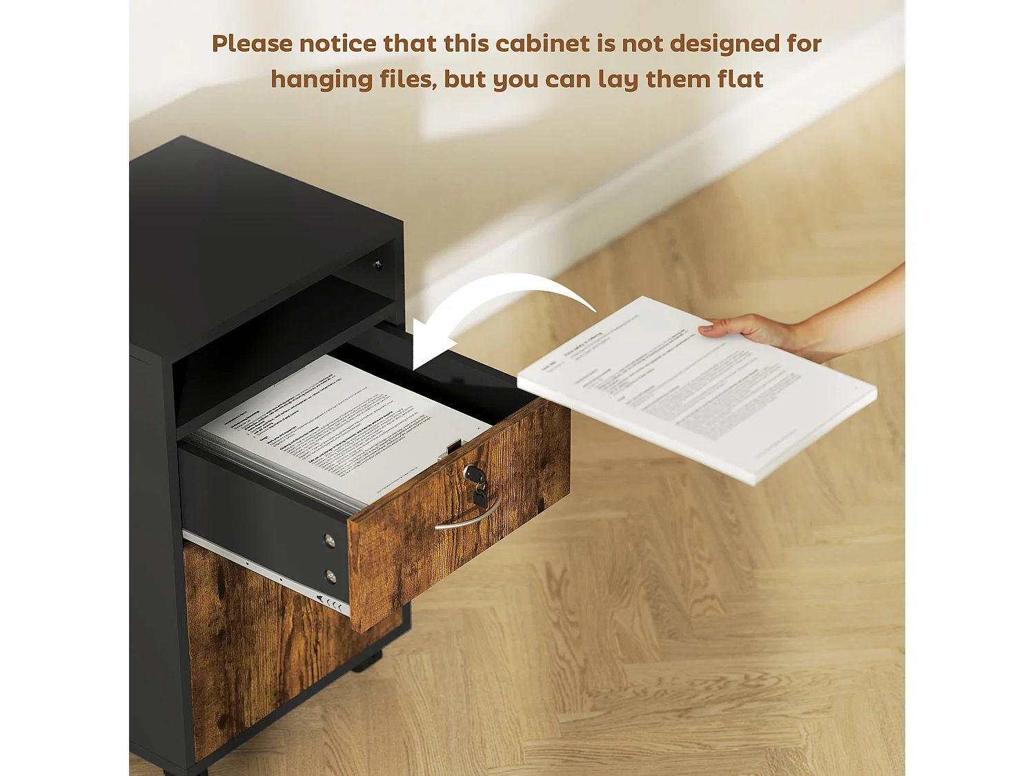 Mobiletto da ufficio con ripiano aperto cassetto e armadietto marrone