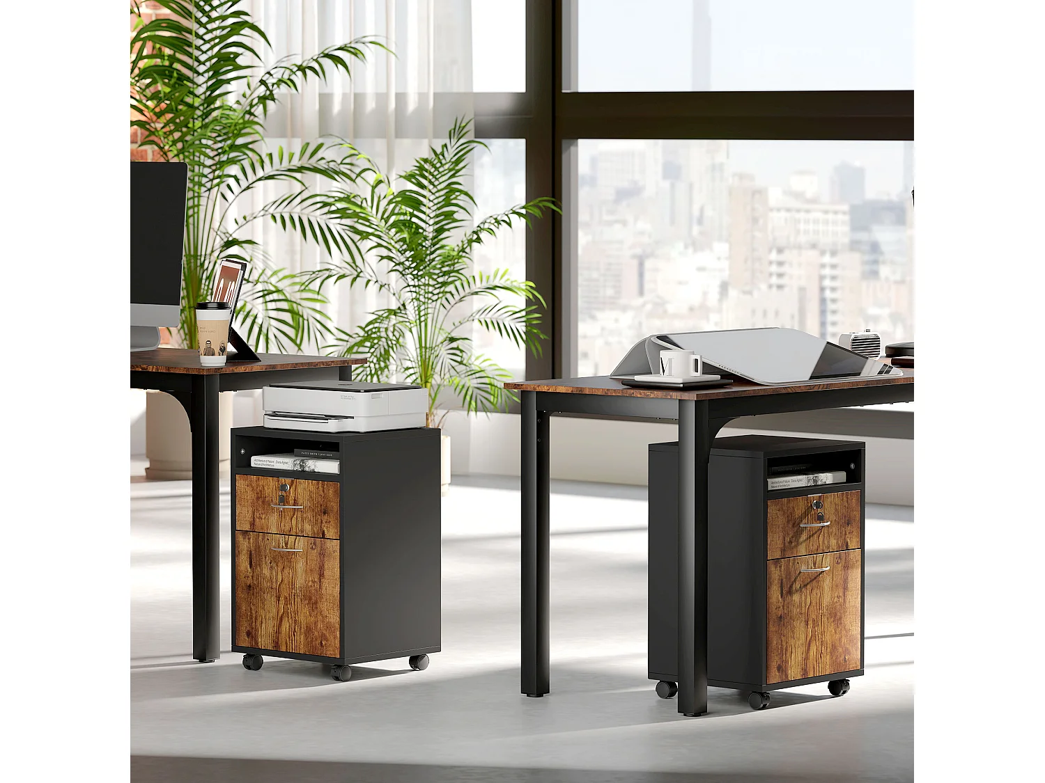 Mobiletto da ufficio con ripiano aperto cassetto e armadietto marrone