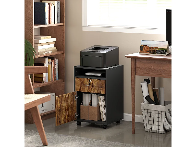 Mobiletto da ufficio con ripiano aperto cassetto e armadietto marrone