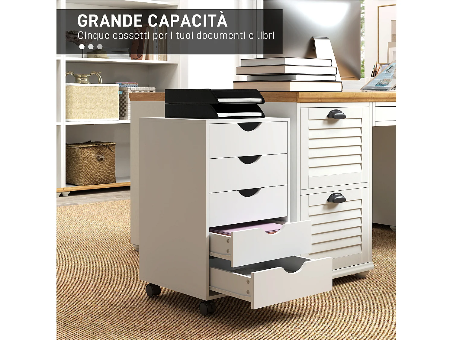 Cassettiera da ufficio a 5 cassetti con ruote girevoli bianco