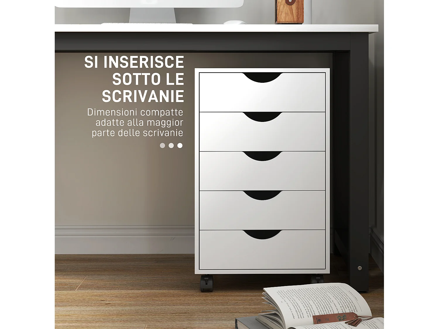 Cassettiera da ufficio a 5 cassetti con ruote girevoli bianco