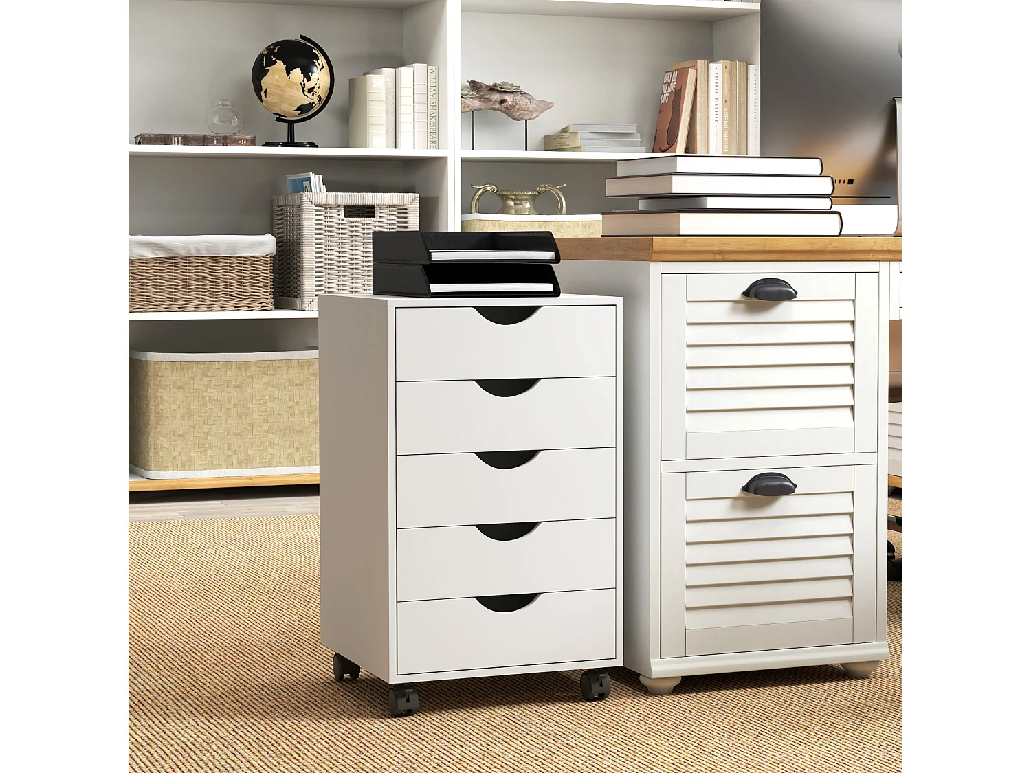 Cassettiera da ufficio a 5 cassetti con ruote girevoli bianco