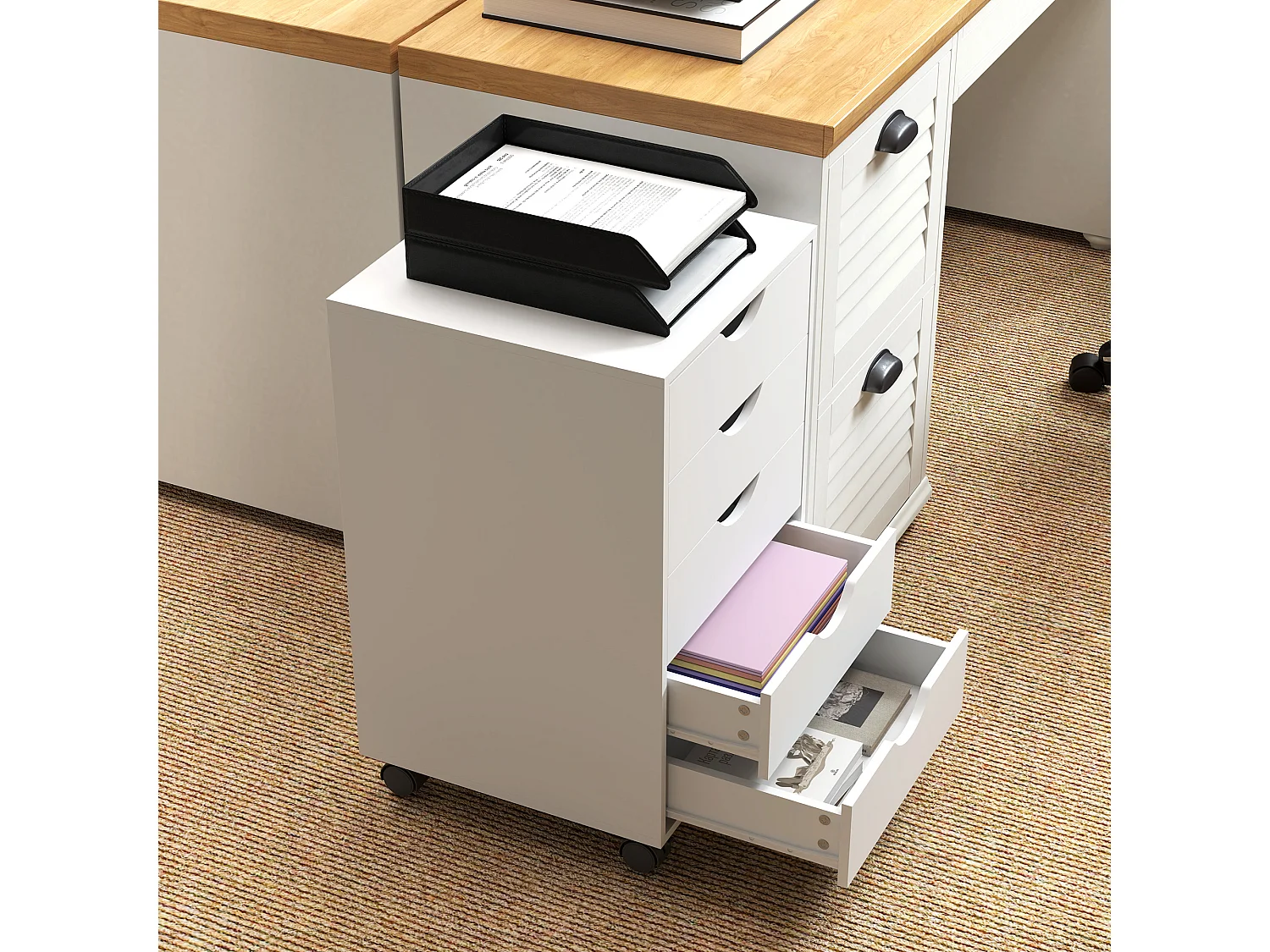Cassettiera da ufficio a 5 cassetti con ruote girevoli bianco