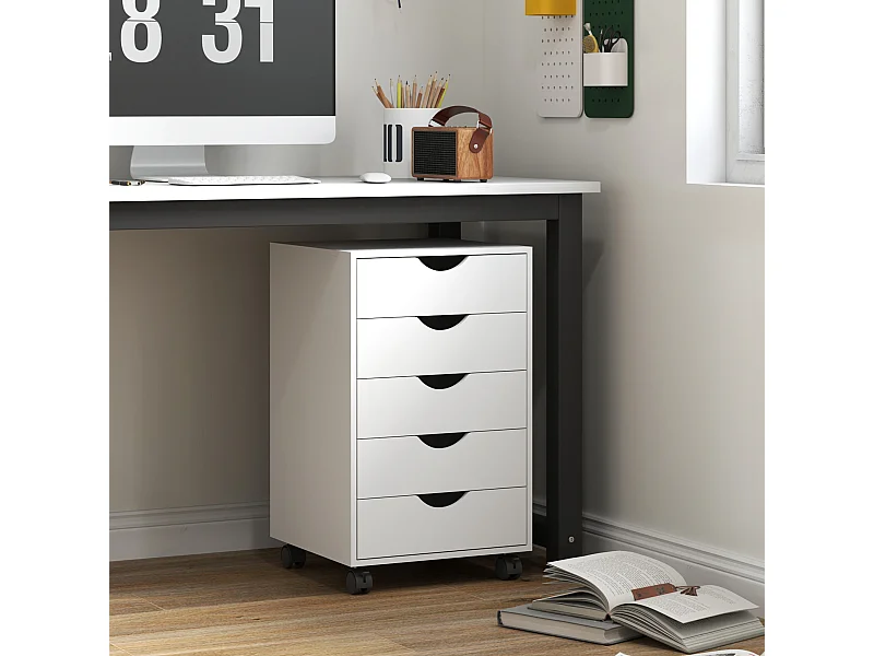 Cassettiera da ufficio a 5 cassetti con ruote girevoli bianco