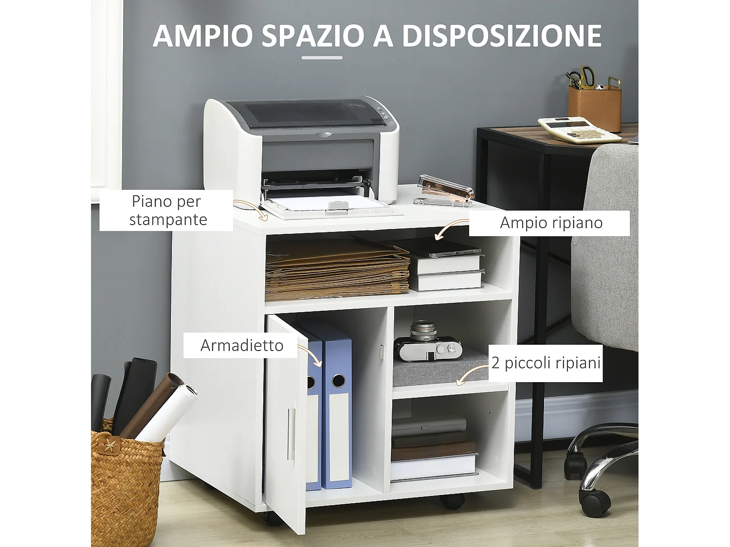 Mobile porta stampante con armadietto e ripiani in legno bianco