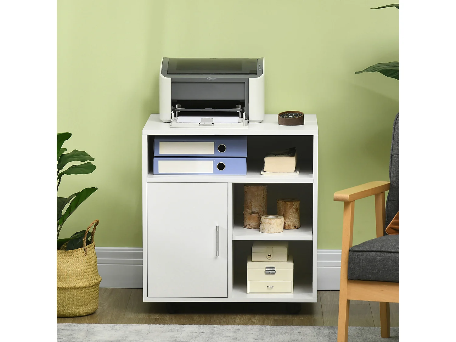 Mobile porta stampante con armadietto e ripiani in legno bianco