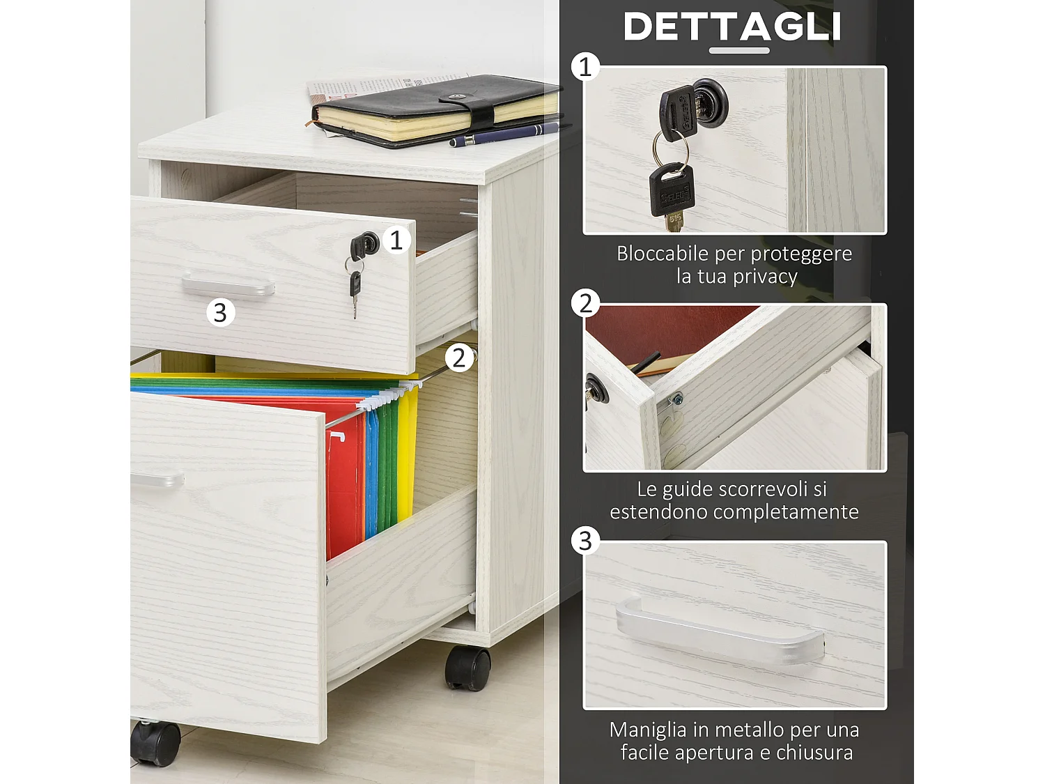 Cassettiera portadocumenti per ufficio a 2 cassetti e serratura bianco