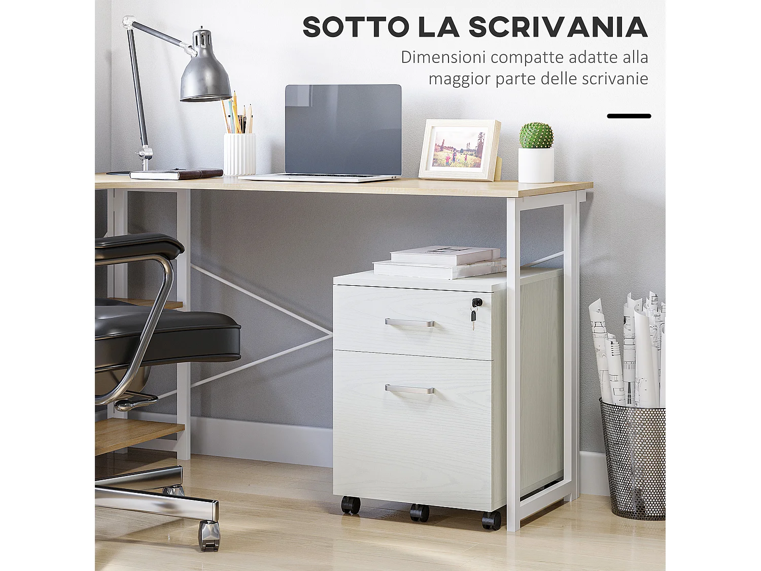 Cassettiera portadocumenti per ufficio a 2 cassetti e serratura bianco