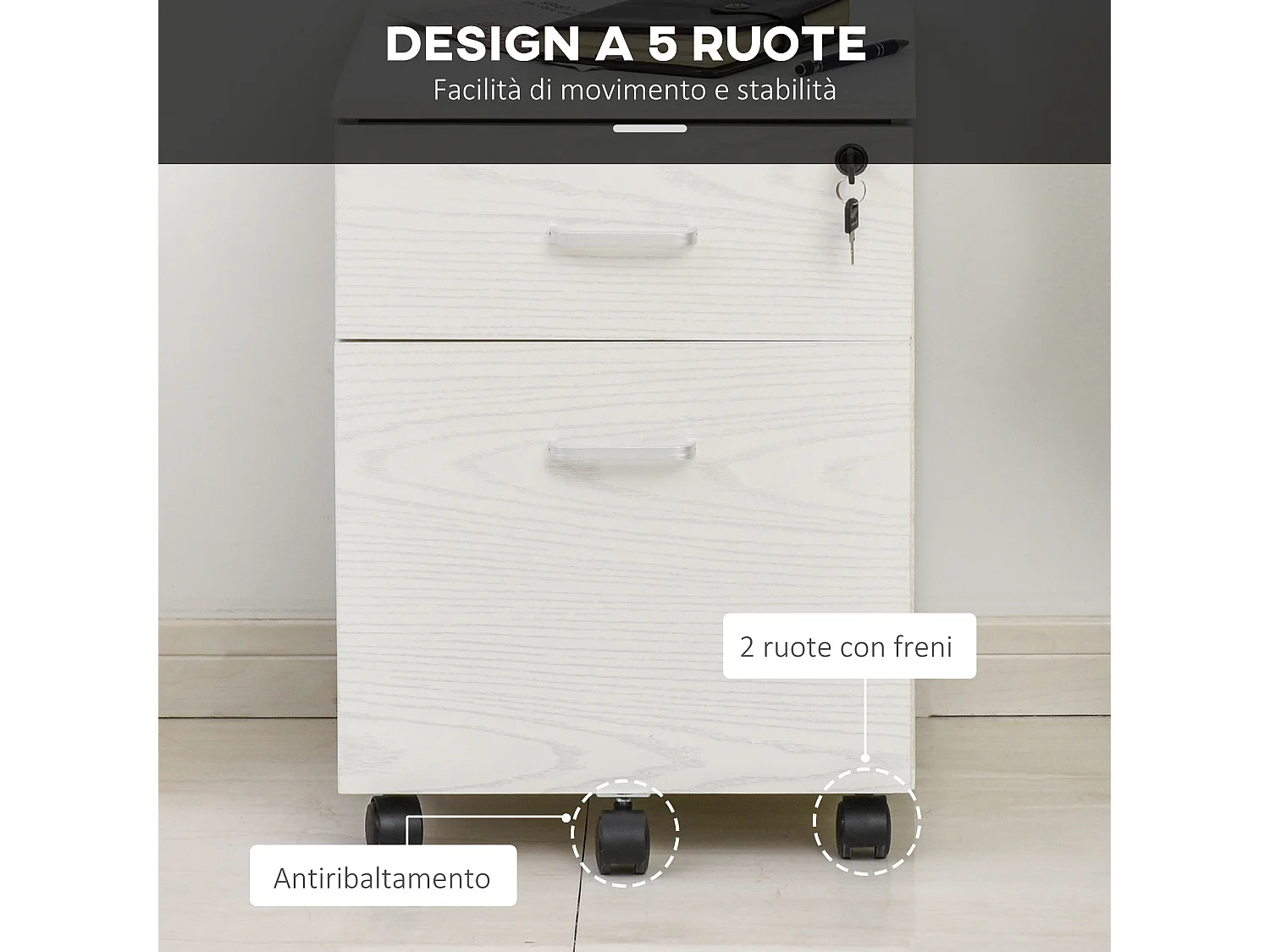 Cassettiera portadocumenti per ufficio a 2 cassetti e serratura bianco