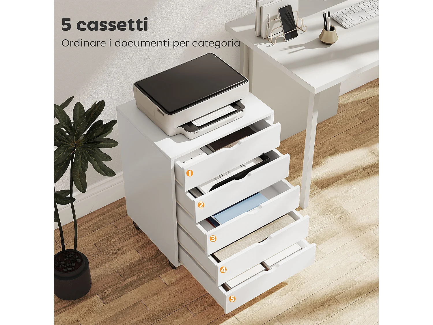 Cassettiera da ufficio con 5 cassetti formato a3 con ruote bianco