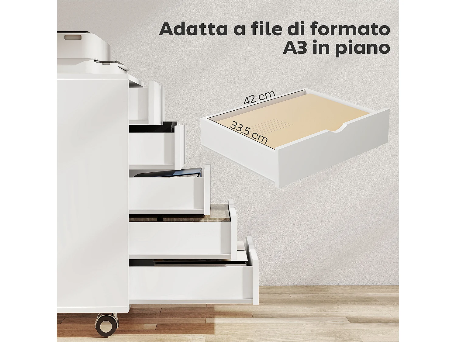 Cassettiera da ufficio con 5 cassetti formato a3 con ruote bianco