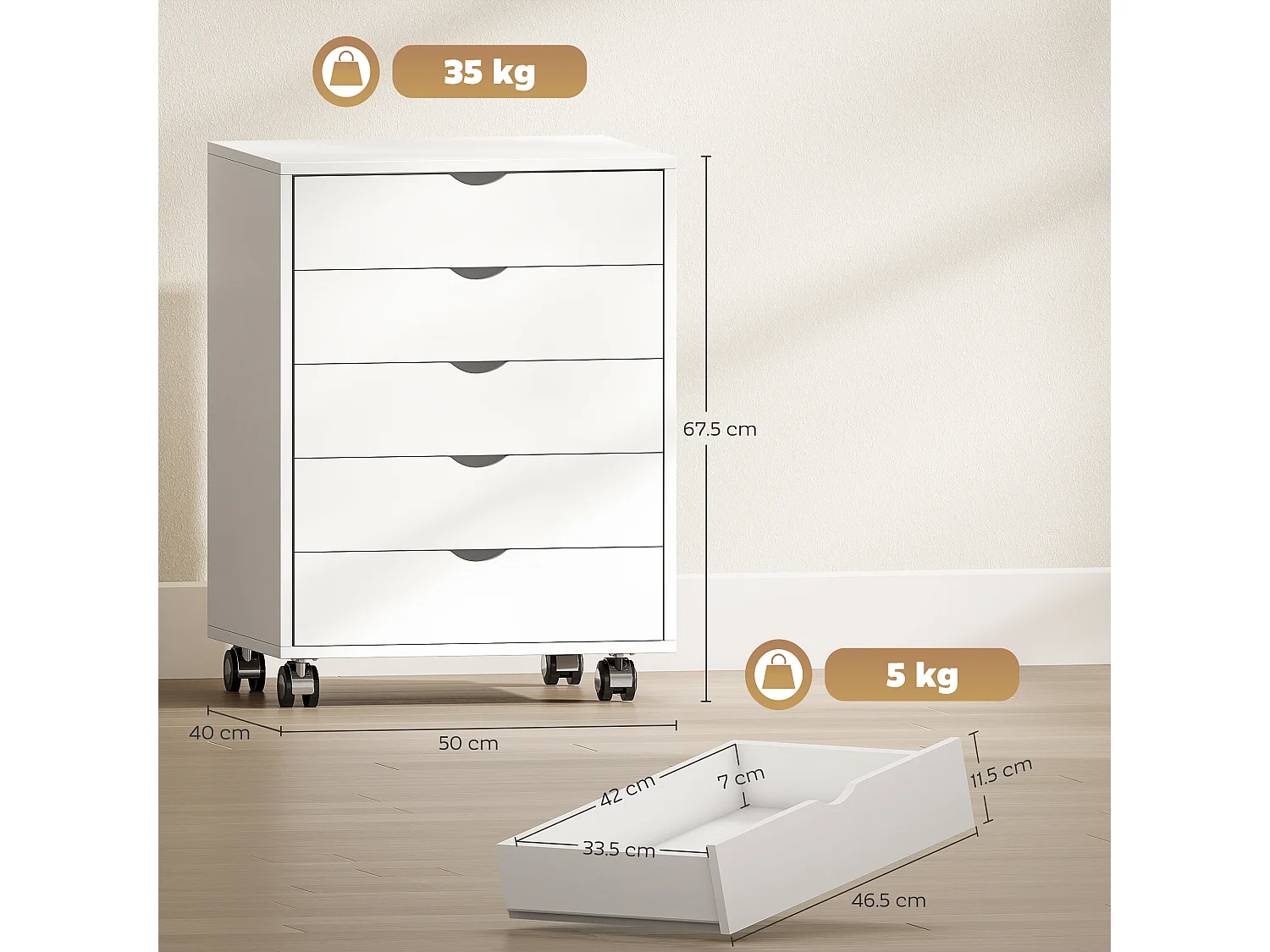 Cassettiera da ufficio con 5 cassetti formato a3 con ruote bianco