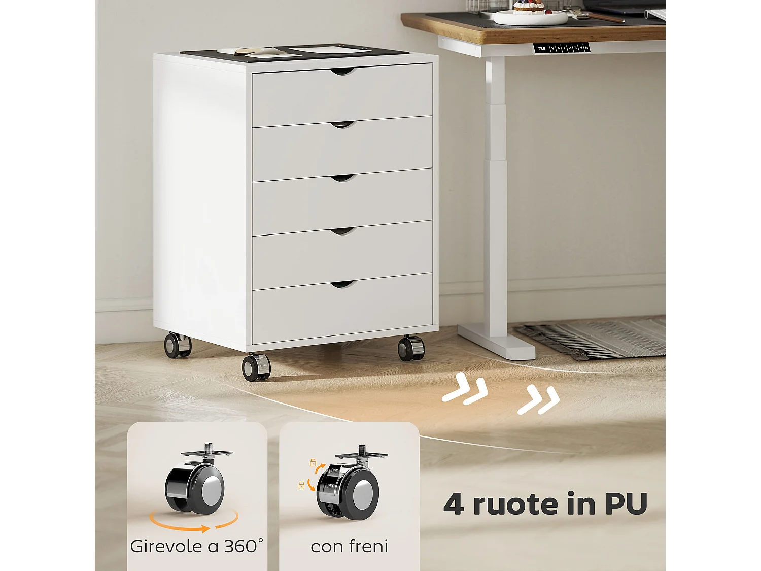 Cassettiera da ufficio con 5 cassetti formato a3 con ruote bianco