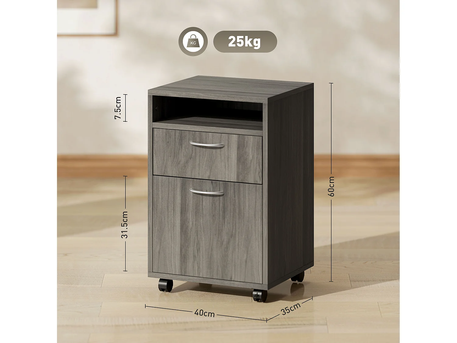 Cassettiera portadocumenti con ripiano aperto e cassetti grigio