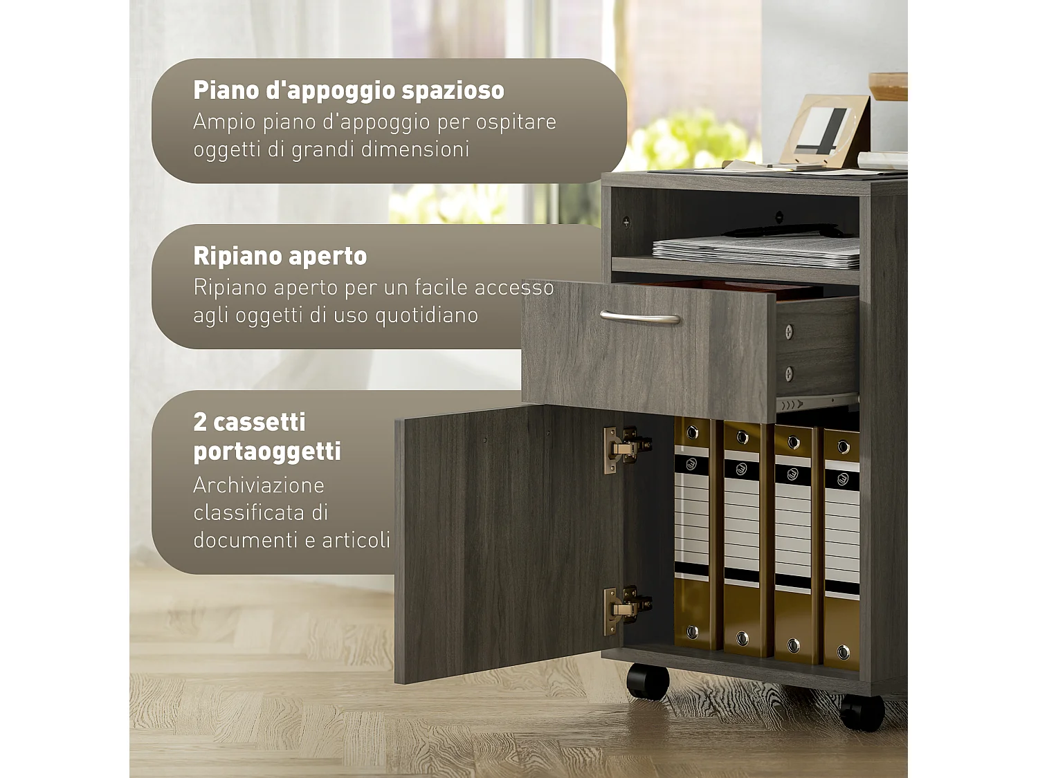 Cassettiera portadocumenti con ripiano aperto e cassetti grigio