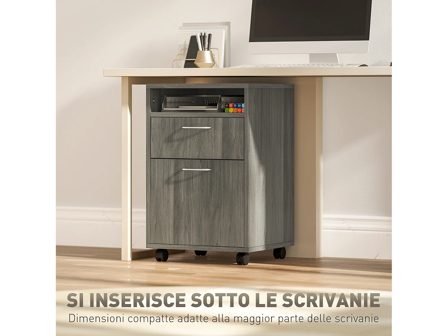 Cassettiera portadocumenti con ripiano aperto e cassetti grigio