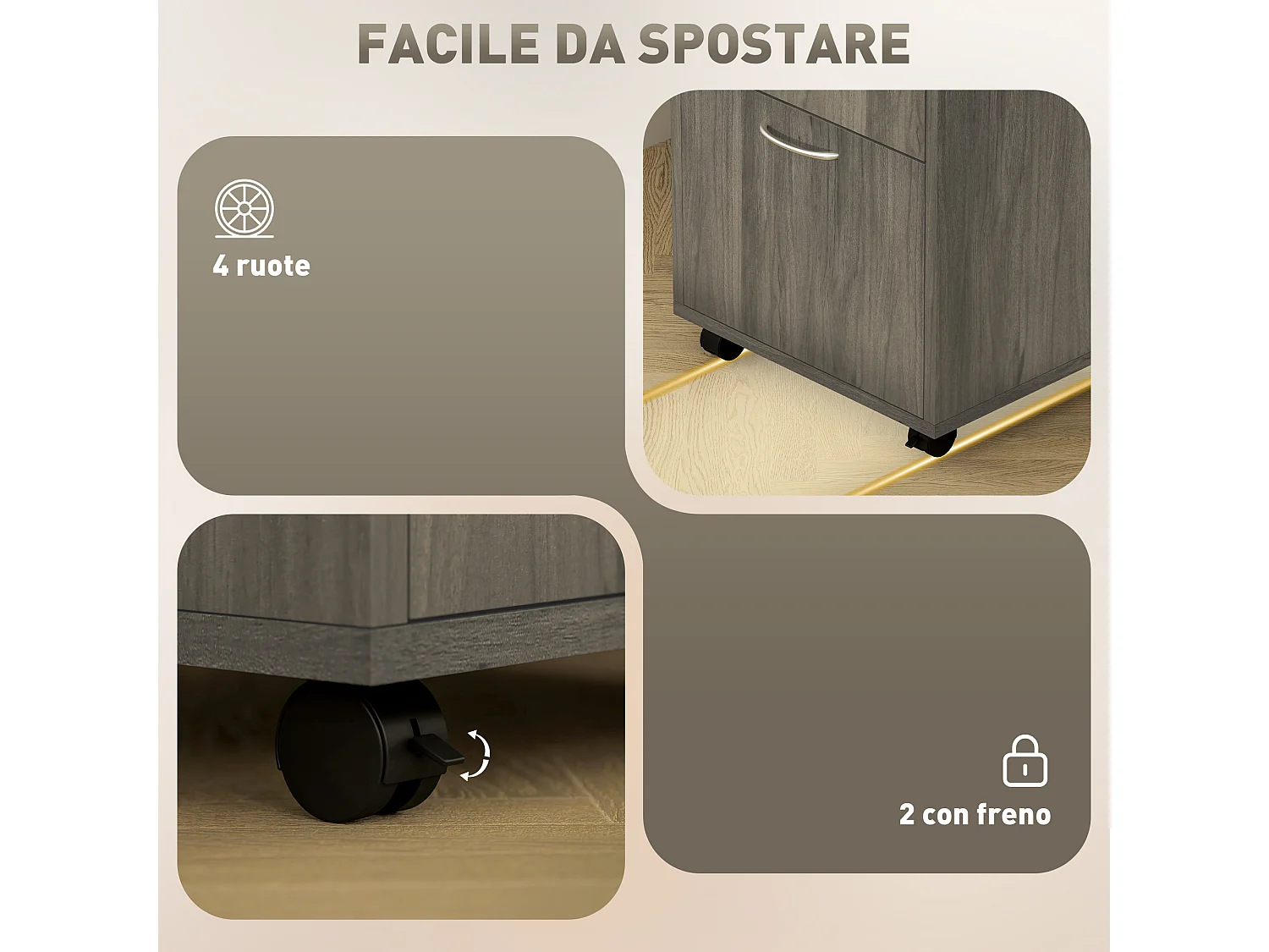 Cassettiera portadocumenti con ripiano aperto e cassetti grigio