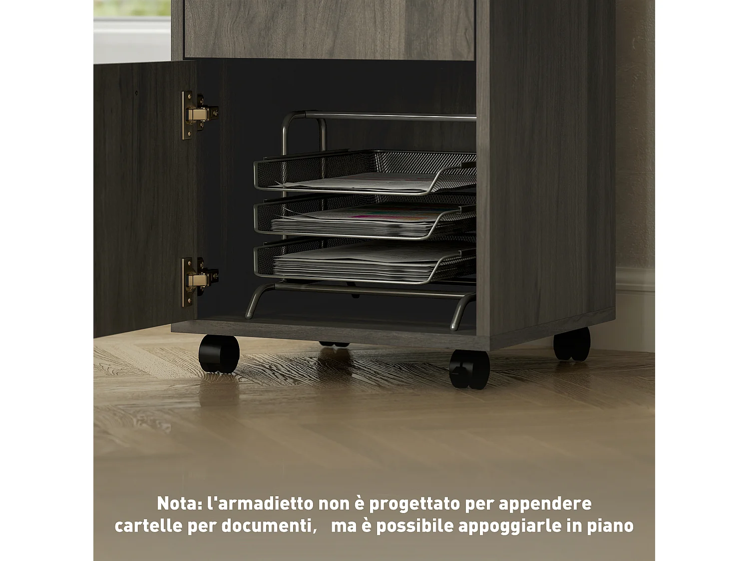 Cassettiera portadocumenti con ripiano aperto e cassetti grigio