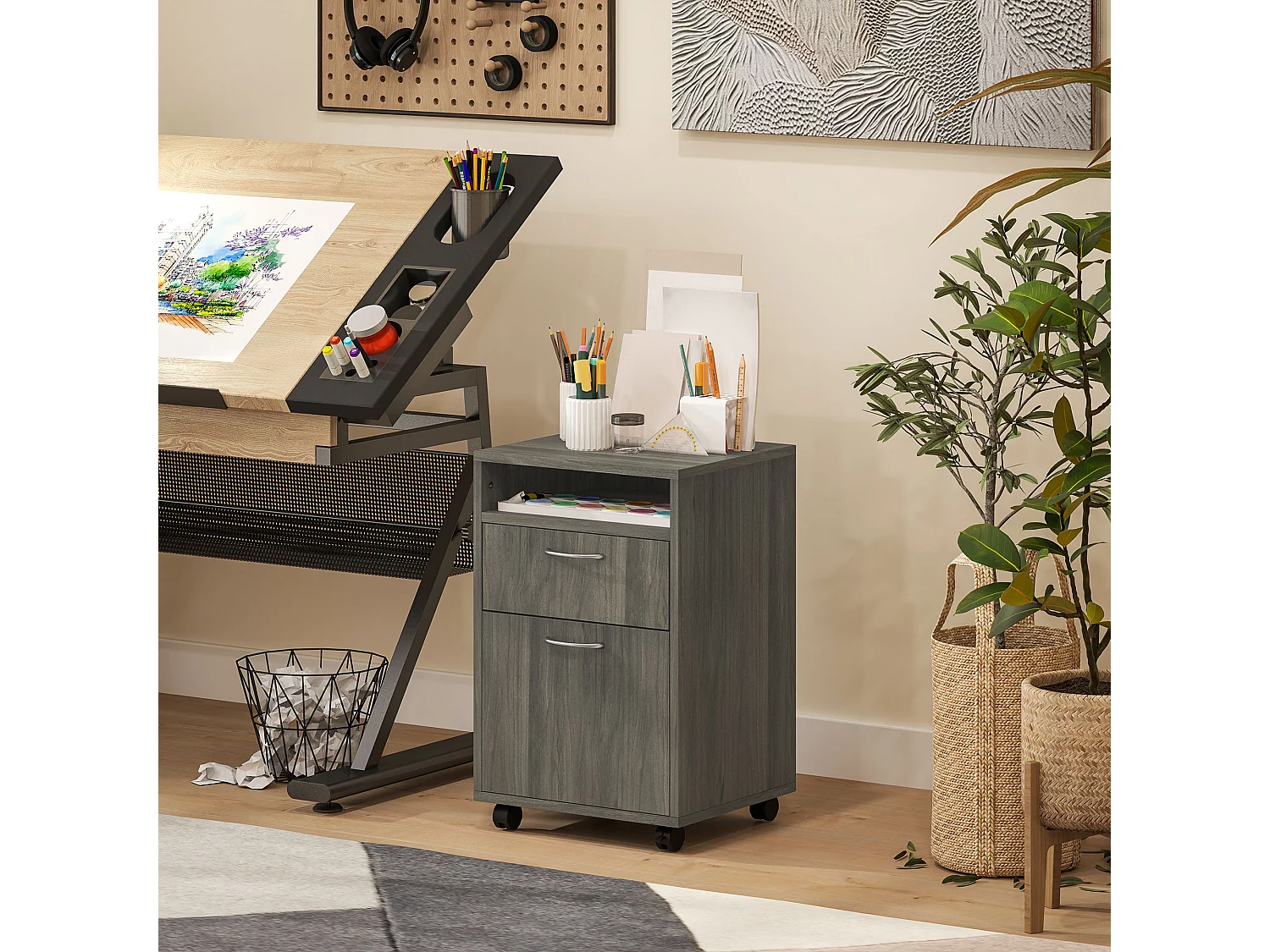 Cassettiera portadocumenti con ripiano aperto e cassetti grigio