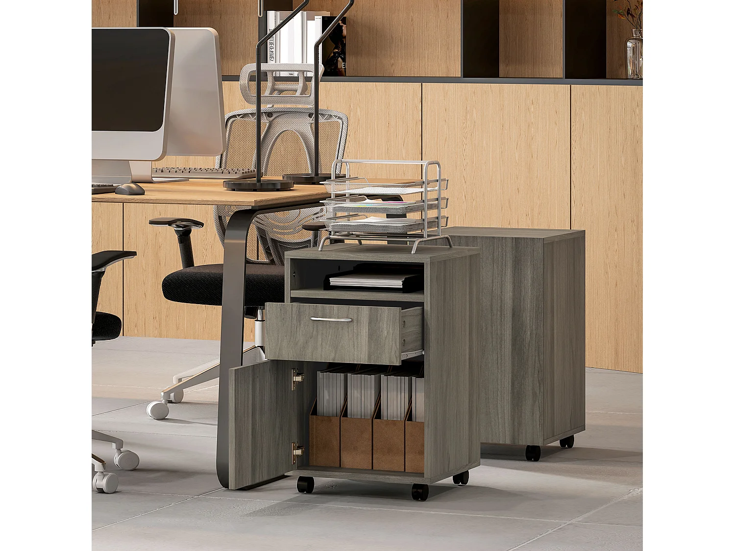 Cassettiera portadocumenti con ripiano aperto e cassetti grigio