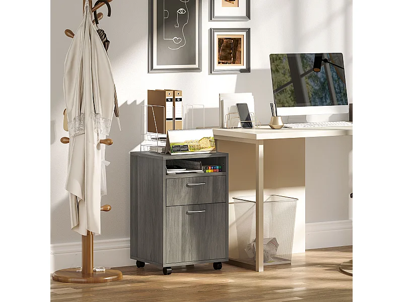 Cassettiera portadocumenti con ripiano aperto e cassetti grigio