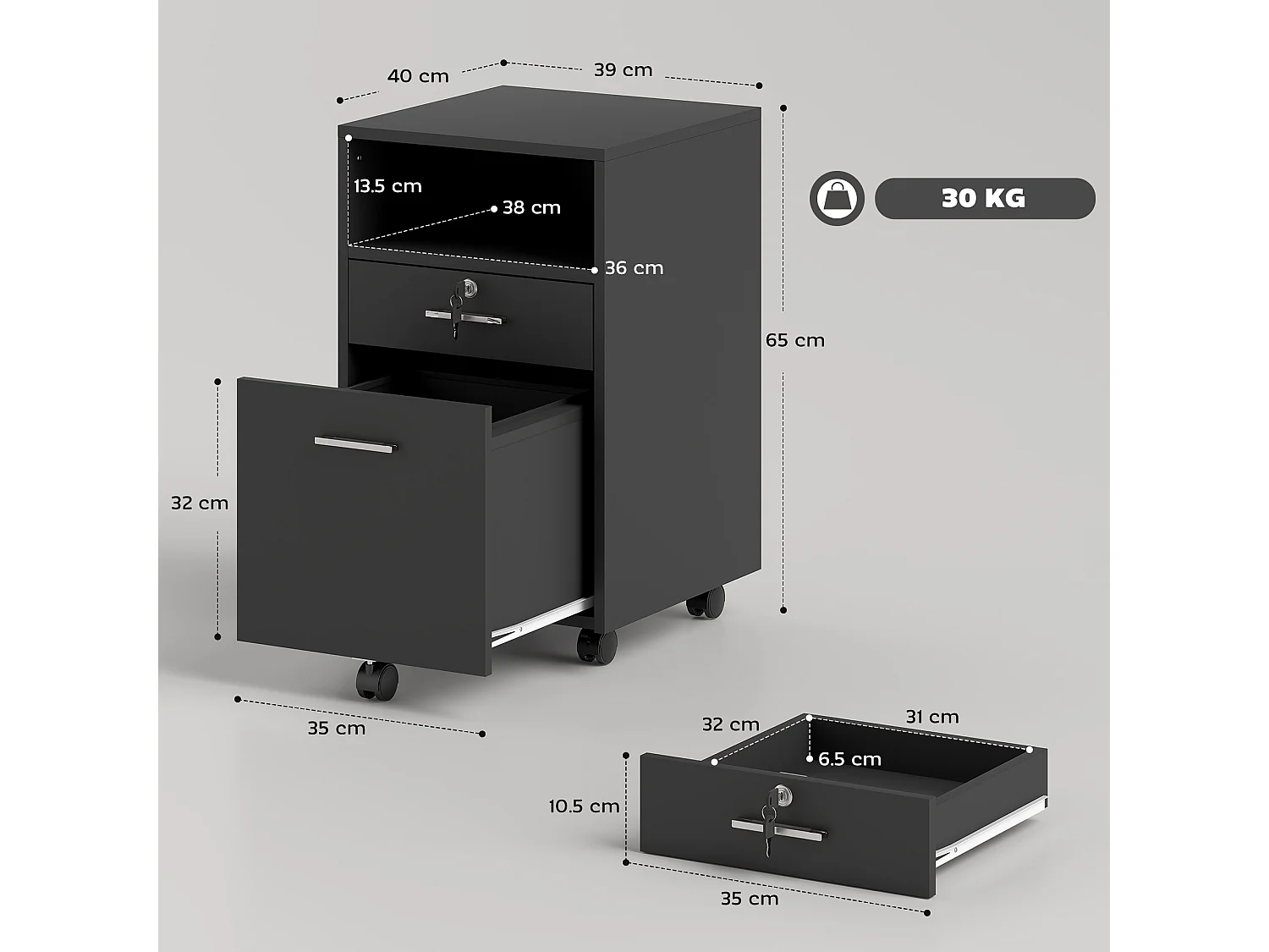 Cassettiera da ufficio con 2 cassetti e ripiano aperto nero