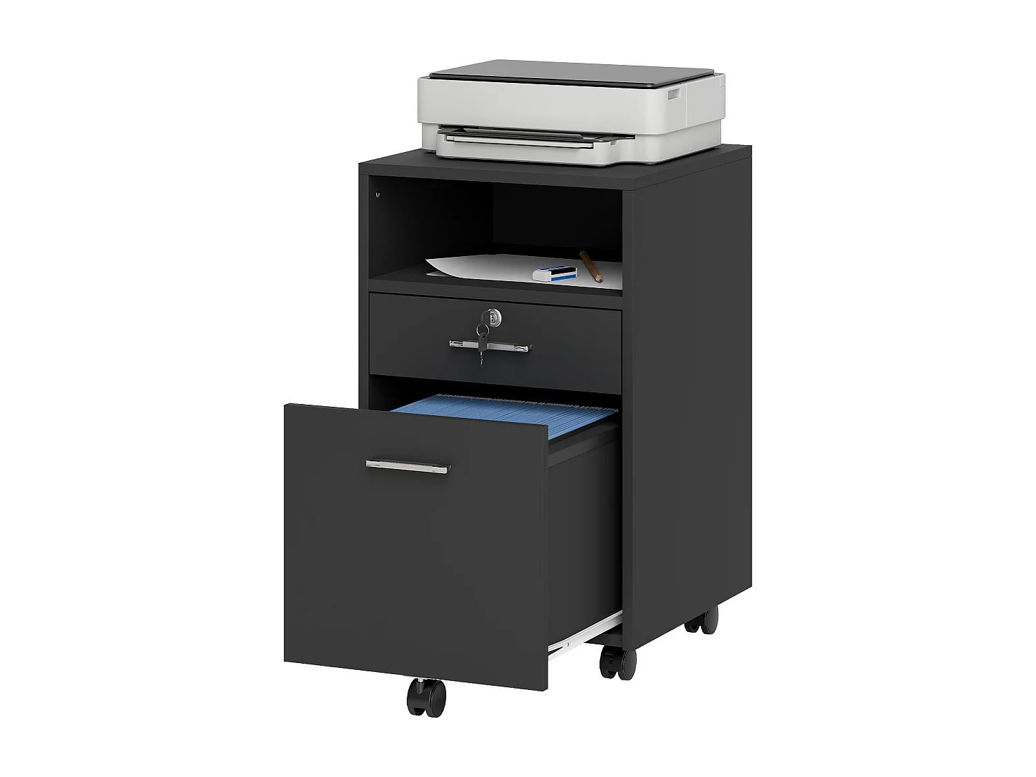 Cassettiera da ufficio con 2 cassetti e ripiano aperto nero