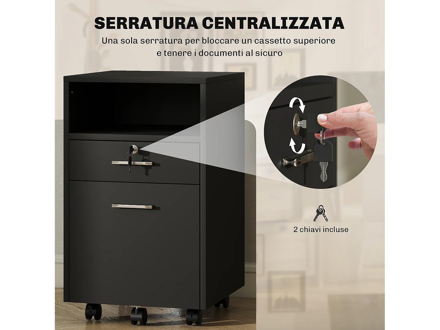 Cassettiera da ufficio con 2 cassetti e ripiano aperto nero