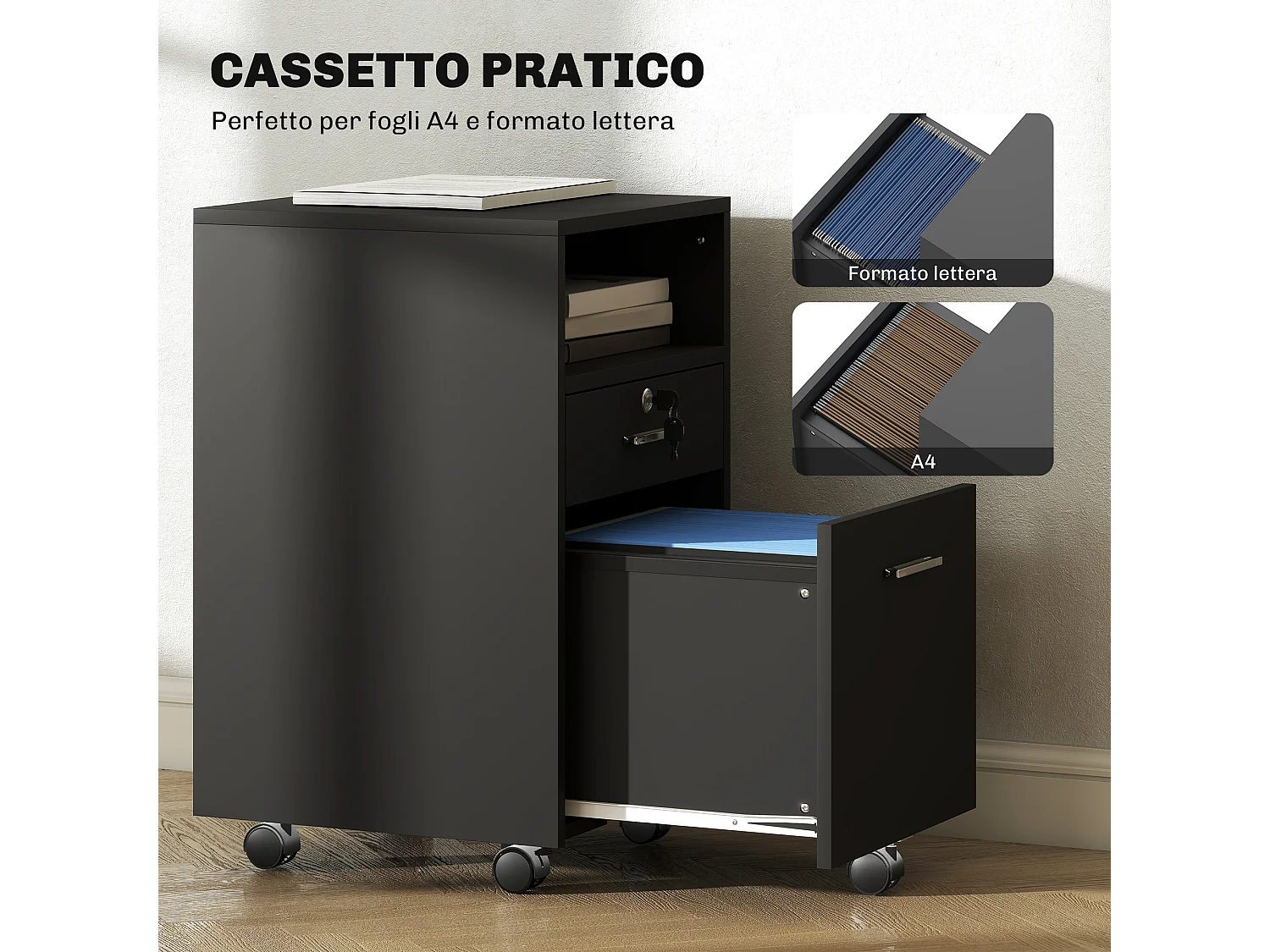 Cassettiera da ufficio con 2 cassetti e ripiano aperto nero