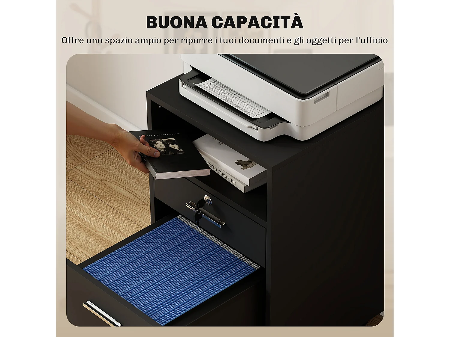 Cassettiera da ufficio con 2 cassetti e ripiano aperto nero