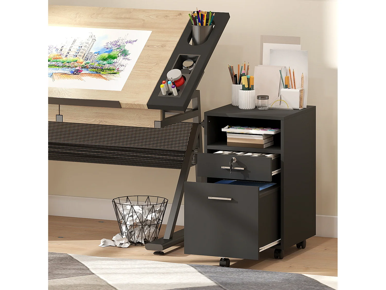 Cassettiera da ufficio con 2 cassetti e ripiano aperto nero