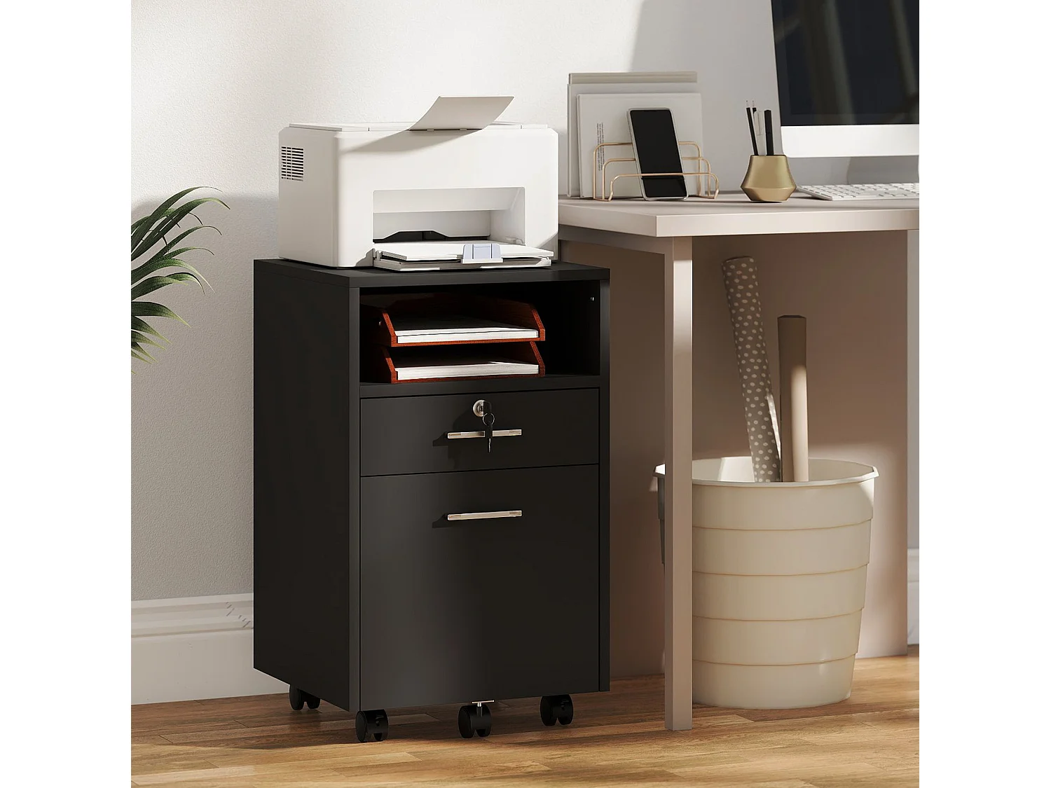 Cassettiera da ufficio con 2 cassetti e ripiano aperto nero