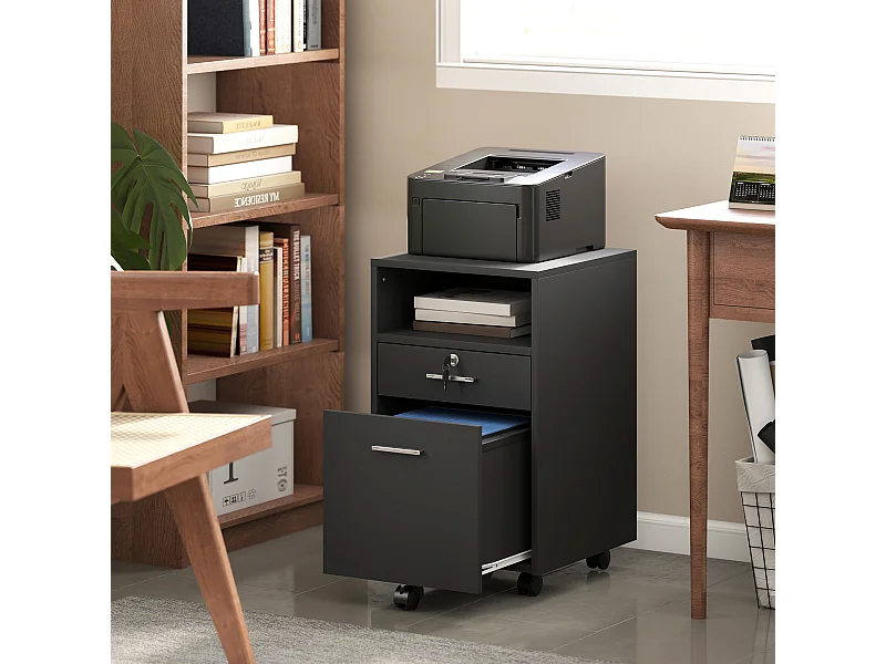 Cassettiera da ufficio con 2 cassetti e ripiano aperto nero