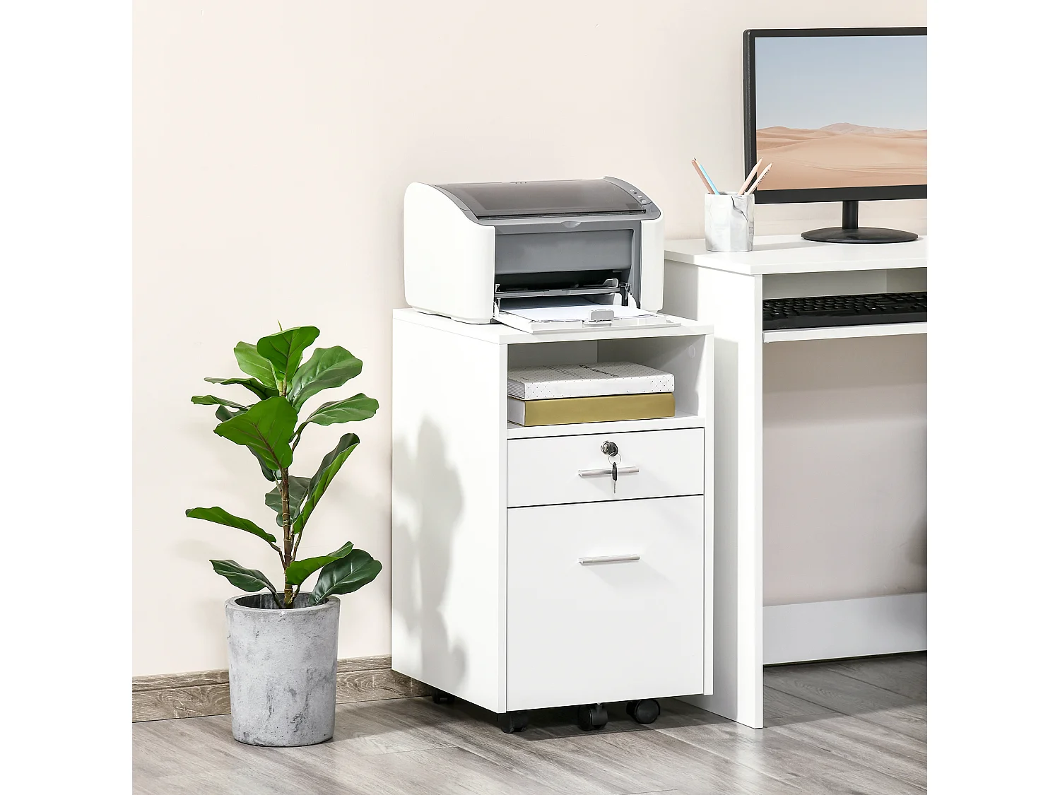 Cassettiera da ufficio e per scrivania con 2 chiavi bianca