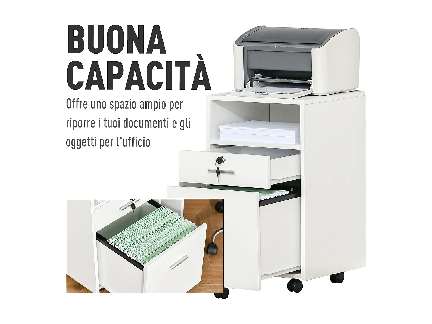 Cassettiera da ufficio e per scrivania con 2 chiavi bianca