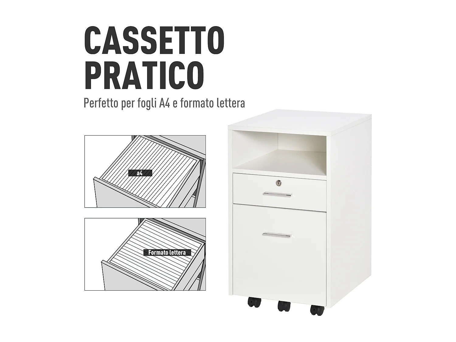 Cassettiera da ufficio e per scrivania con 2 chiavi bianca