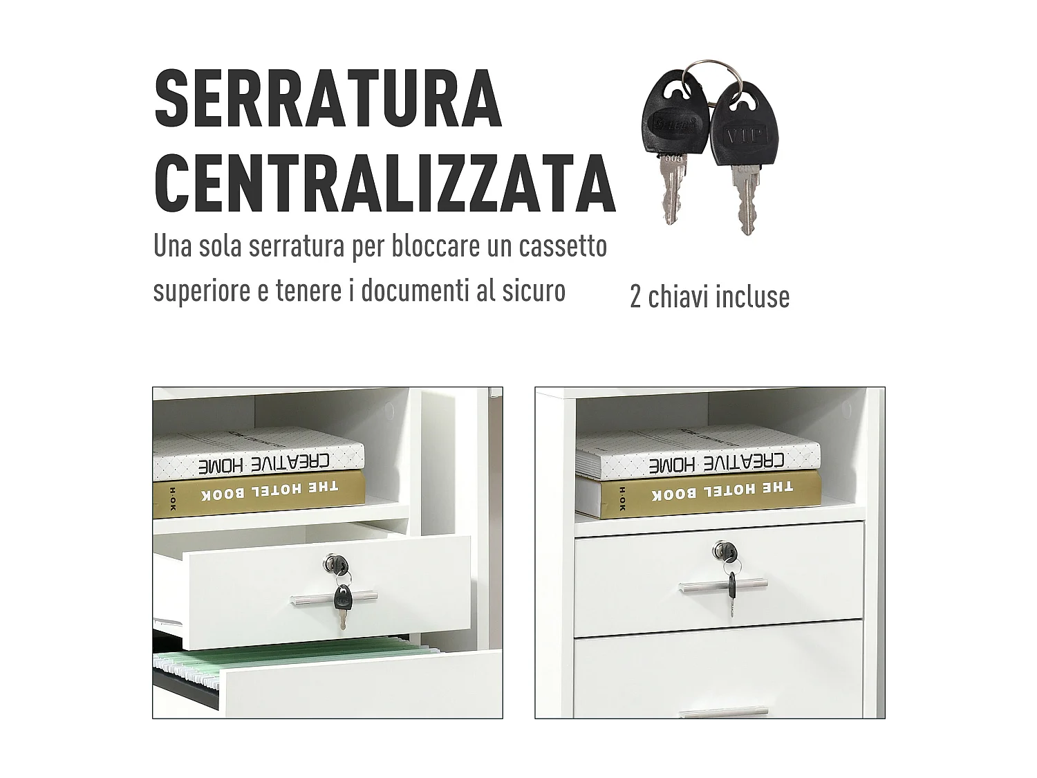 Cassettiera da ufficio e per scrivania con 2 chiavi bianca