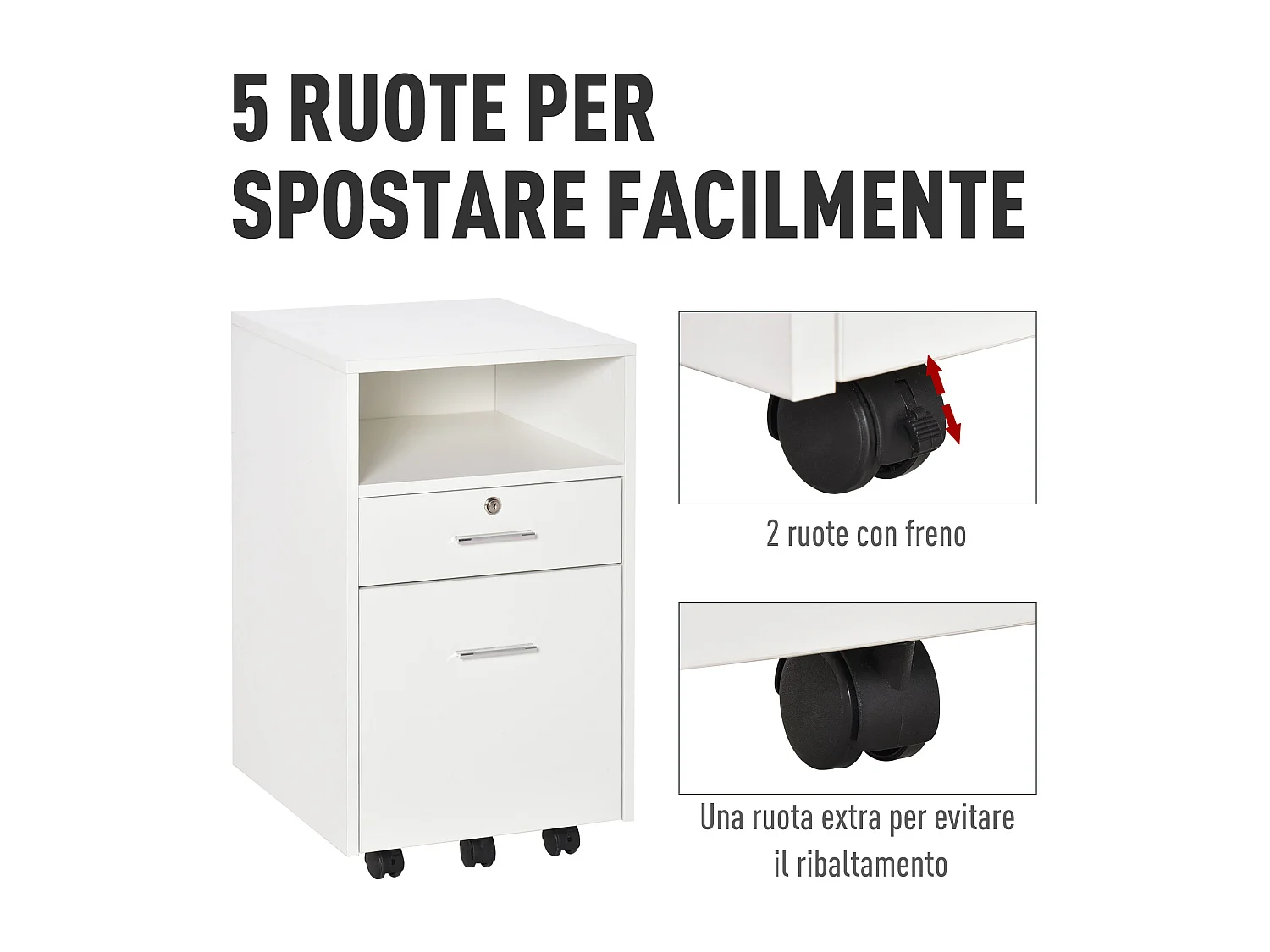 Cassettiera da ufficio e per scrivania con 2 chiavi bianca