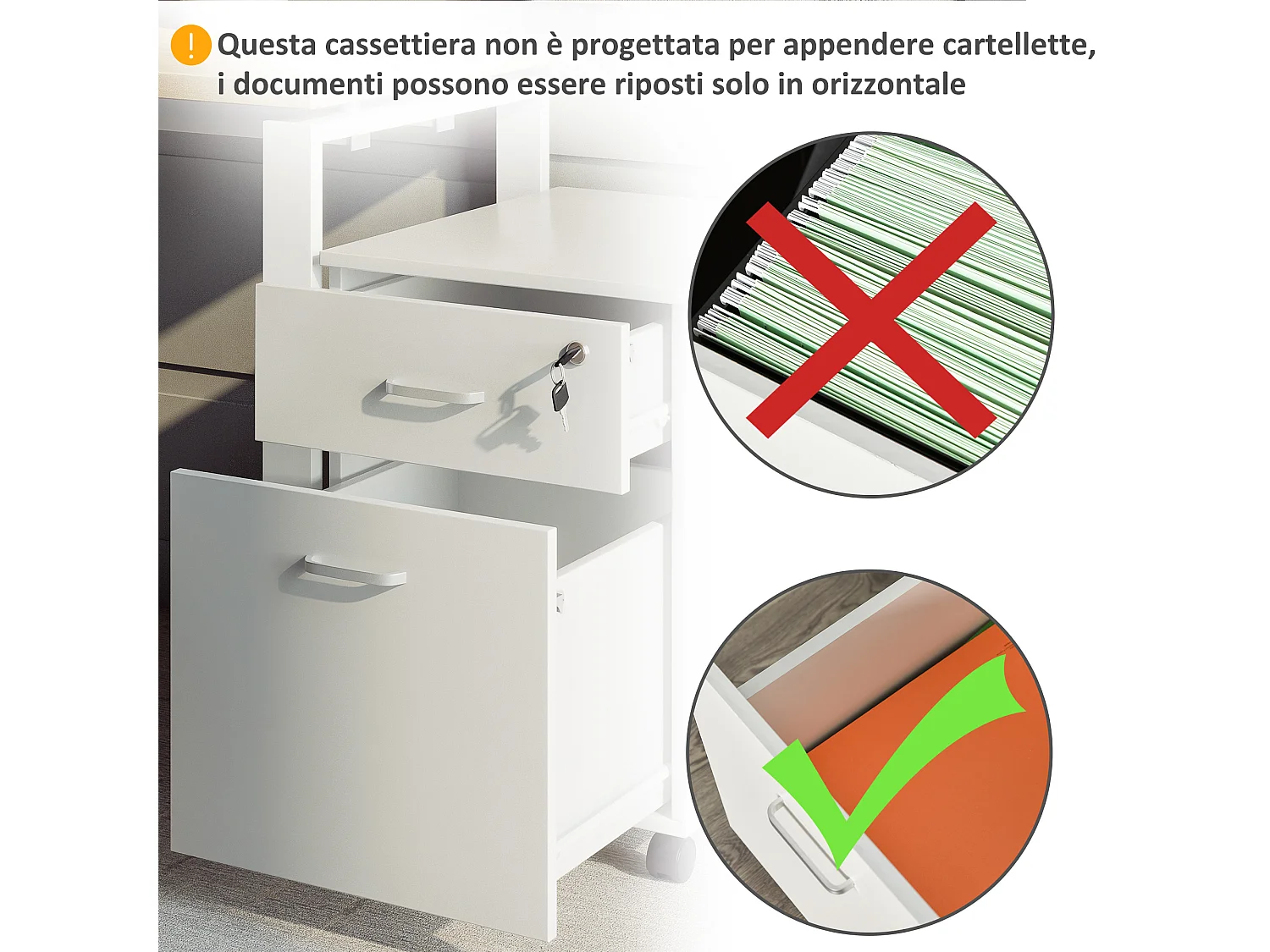 Cassettiera ufficio a 2 cassetti in truciolato bianco