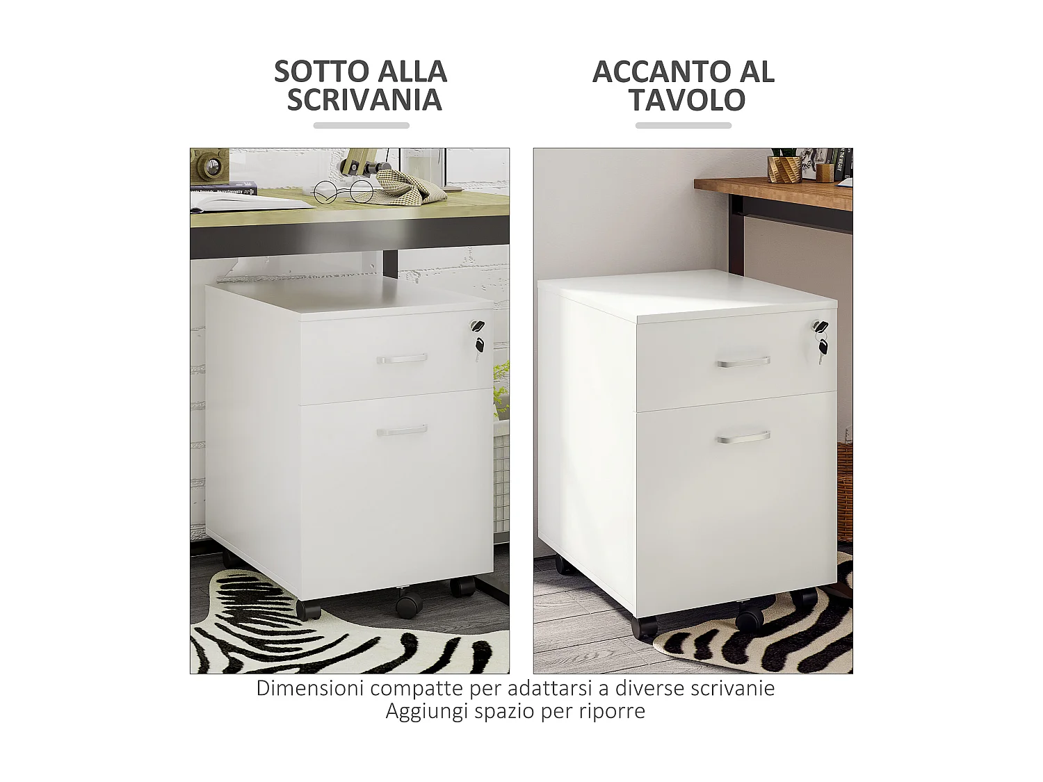 Cassettiera ufficio a 2 cassetti in truciolato bianco