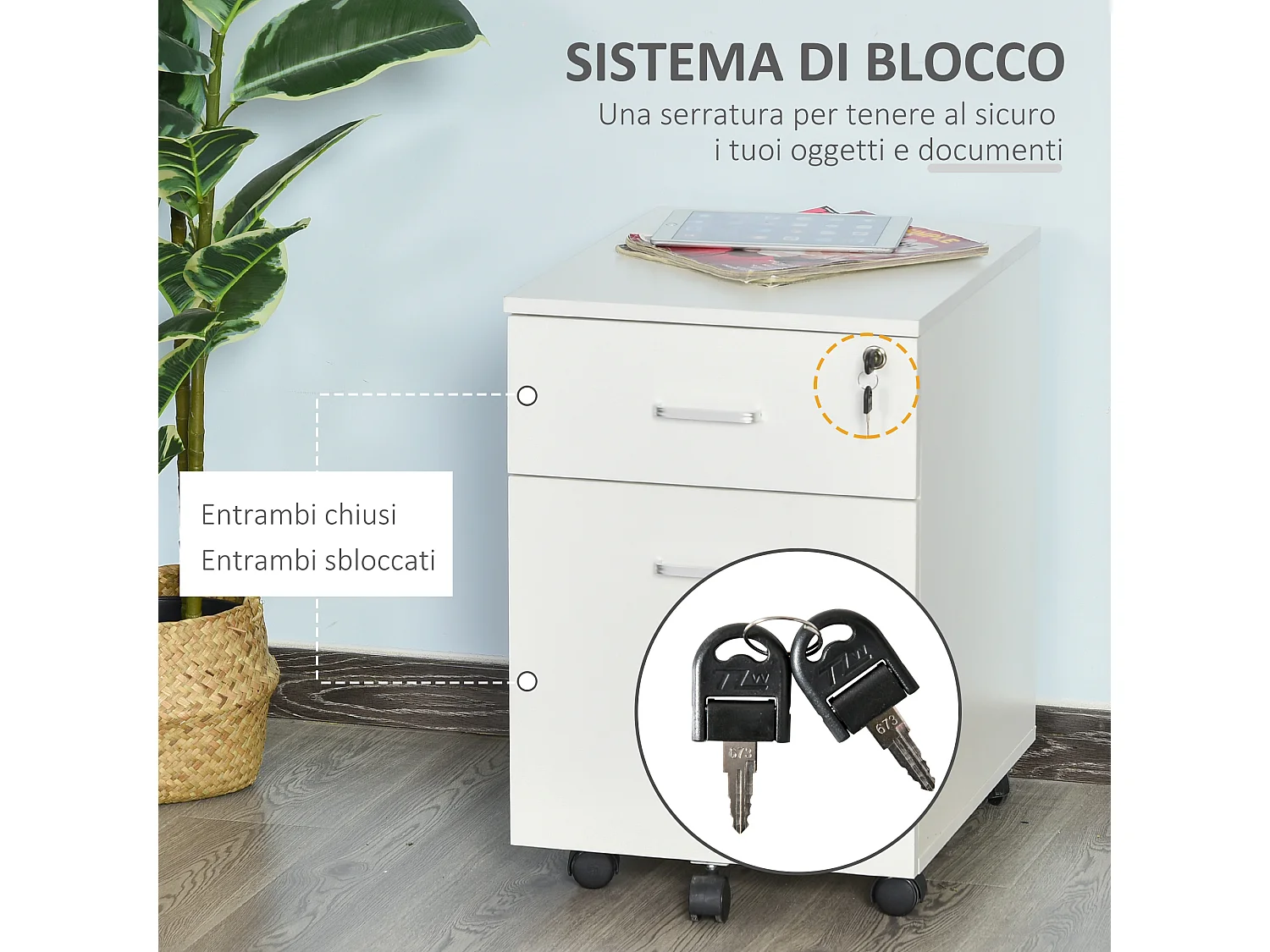 Cassettiera ufficio a 2 cassetti in truciolato bianco