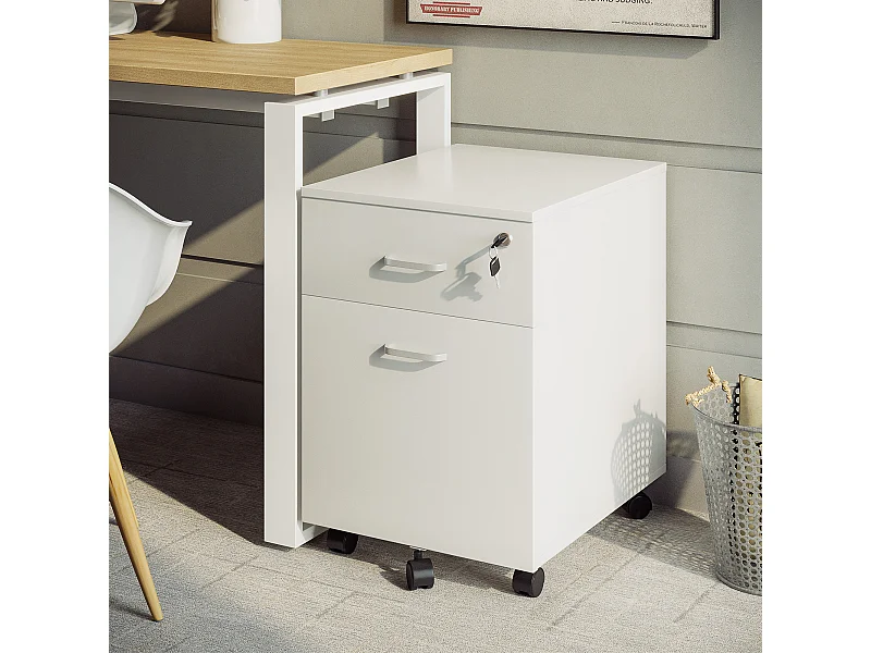 Cassettiera ufficio a 2 cassetti in truciolato bianco