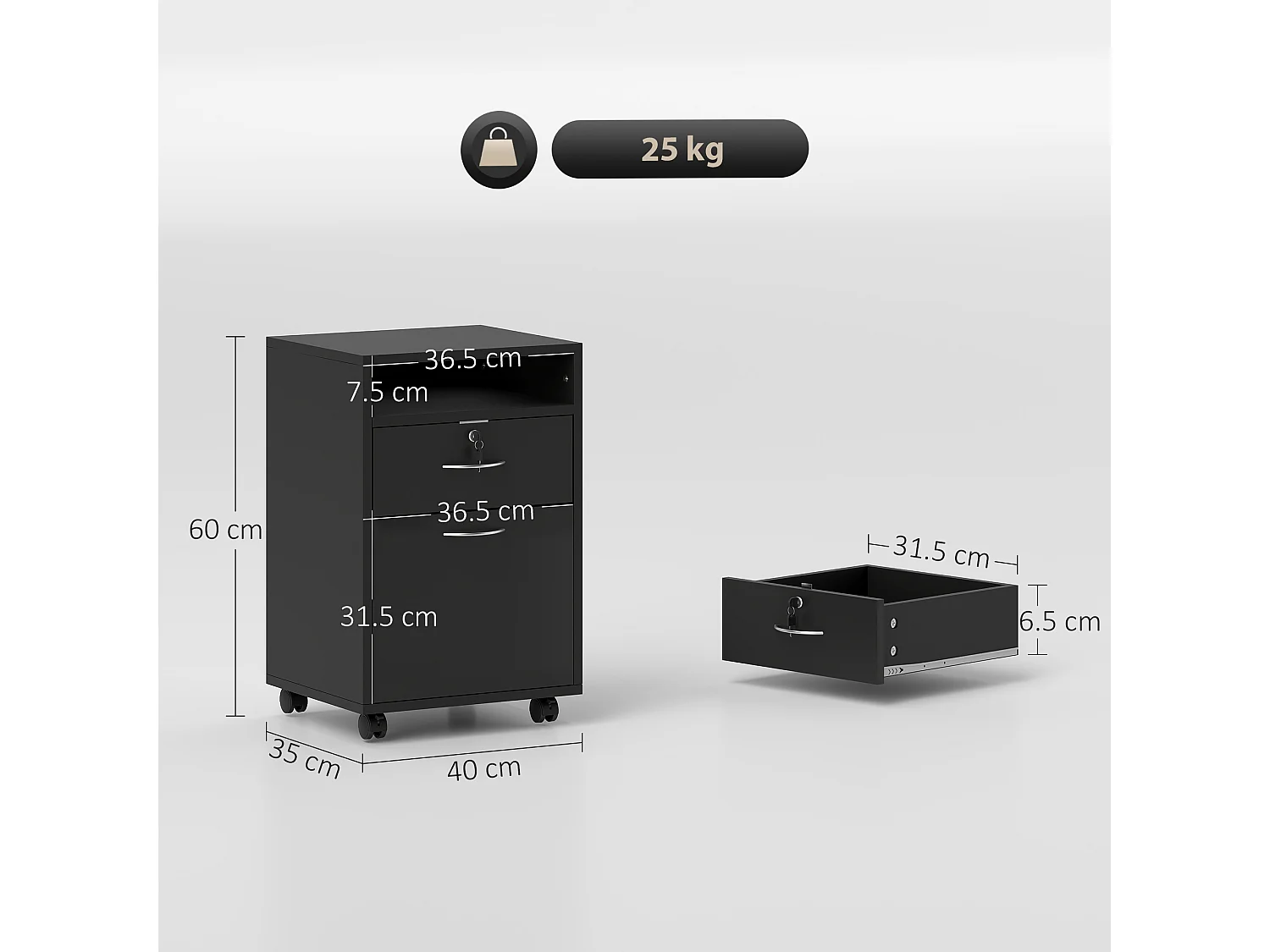 Mobiletto da Ufficio con ripiano aperto, cassetto e armadietto nero