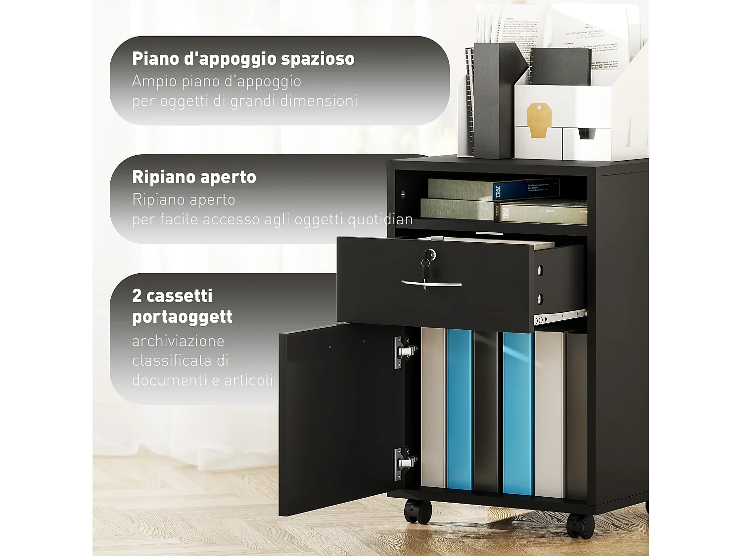 Mobiletto da Ufficio con ripiano aperto, cassetto e armadietto nero