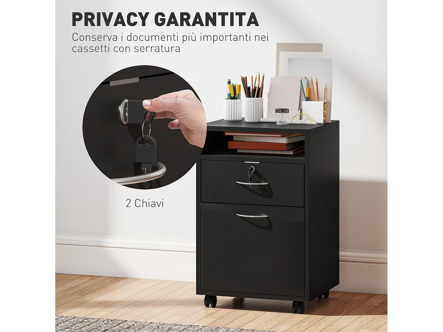 Mobiletto da Ufficio con ripiano aperto, cassetto e armadietto nero