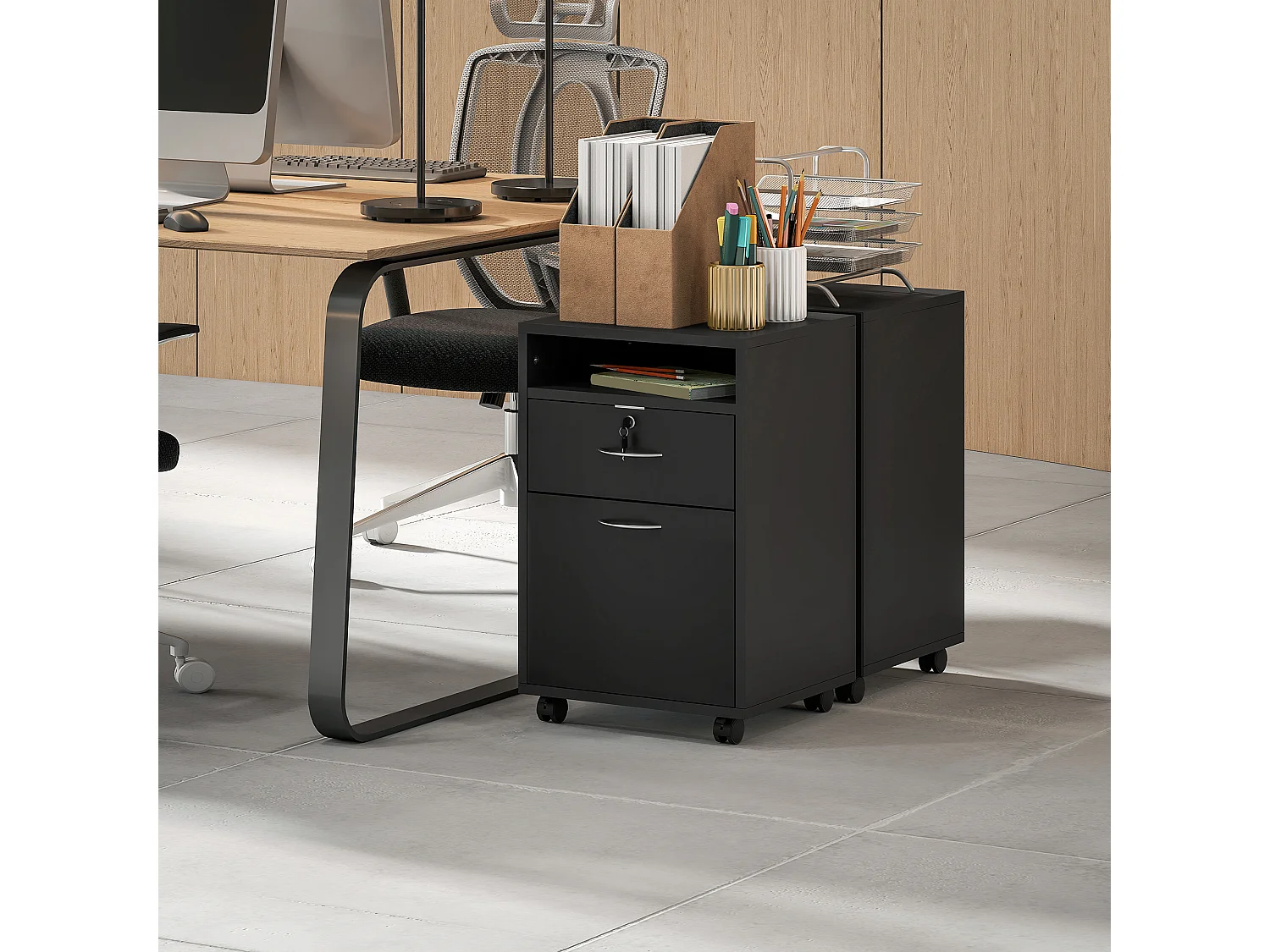 Mobiletto da Ufficio con ripiano aperto, cassetto e armadietto nero