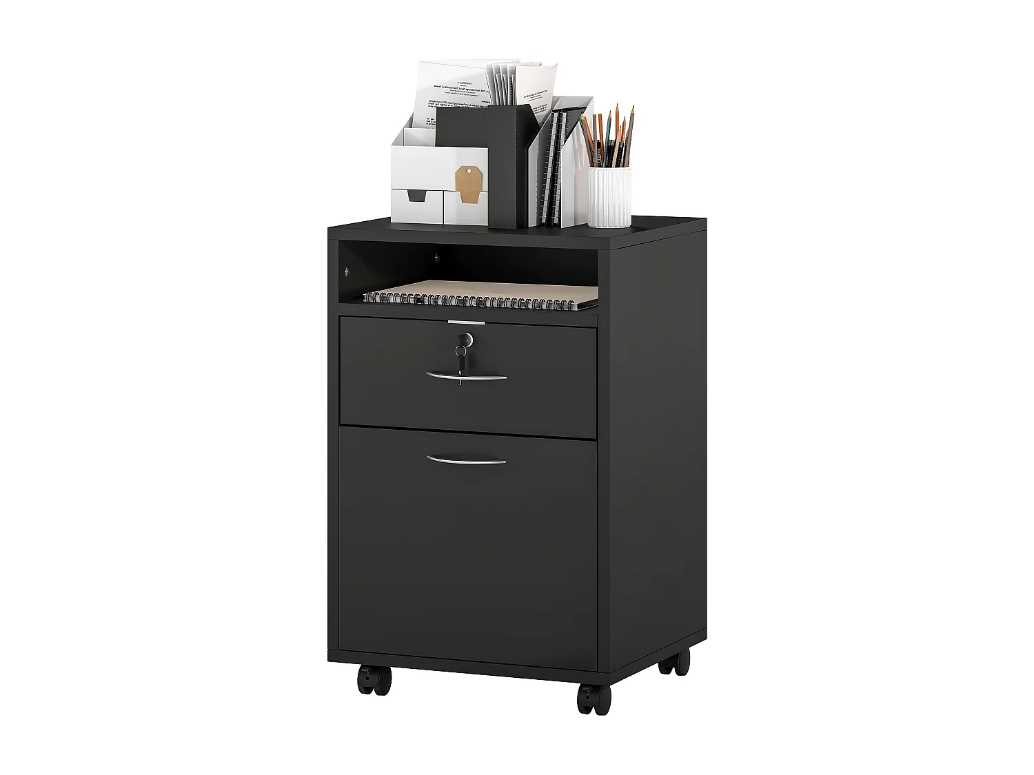 Mobiletto da Ufficio con ripiano aperto, cassetto e armadietto nero