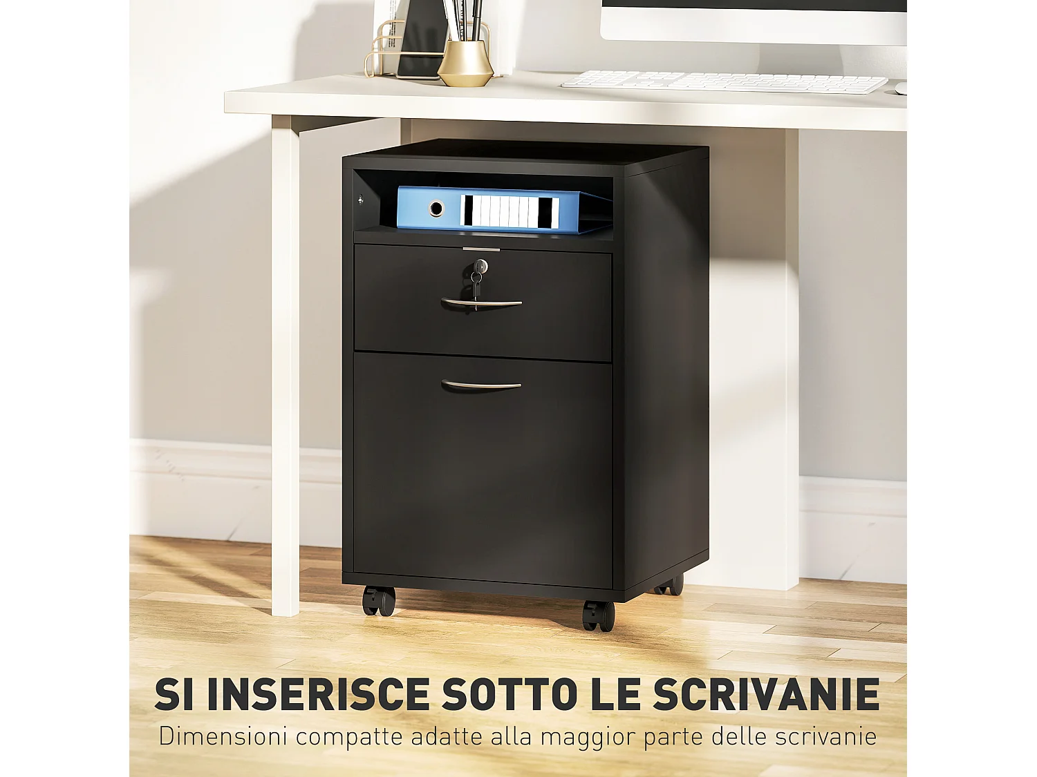 Mobiletto da Ufficio con ripiano aperto, cassetto e armadietto nero