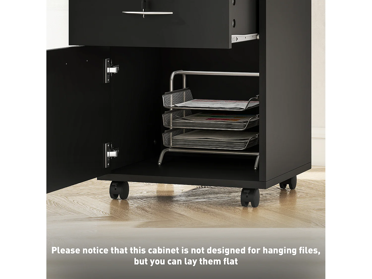 Mobiletto da Ufficio con ripiano aperto, cassetto e armadietto nero