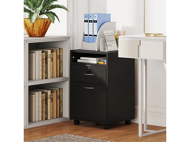 Mobiletto da Ufficio con ripiano aperto, cassetto e armadietto nero